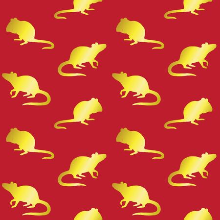 Vector seamless pattern of golden glitter mouse rat silhouette isolated on red background. Chinese New Year 2020 illustrationのイラスト素材