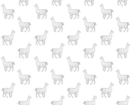 Vector seamless pattern of black outline hand drawn sketch llama isolated on white backgroundのイラスト素材