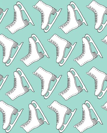 Vector seamless pattern of white hand drawn doodle sketch ice skates isolated on mint backgroundのイラスト素材
