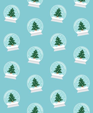 Vector seamless pattern of flat cartoon snowball with Christmas fur tree isolated on blue backgroundのイラスト素材