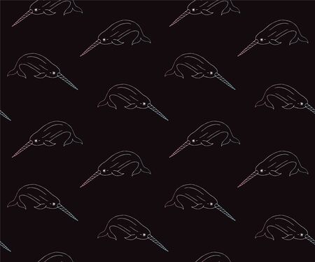 Vector seamless pattern of holographic hand drawn sketch doodle narwhal isolated on black backgroundのイラスト素材