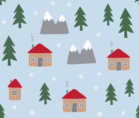 Vector seamless pattern of hand drawn doodle sketch Scandinavian country houses and landscapes isolated on blue backgroundのイラスト素材