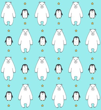 Vector seamless pattern of hand drawn doodle sketch white polar bear and penguin isolated on blue backgroundのイラスト素材