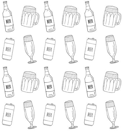 Vector seamless pattern of different hand drawn doodle sketch beer glasses and bottles isolated on white backgroundのイラスト素材