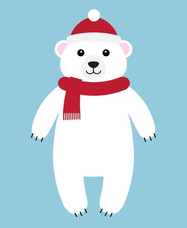 Vector flat cartoon white polar bear in hat and scarf standing isolated on blue backgroundのイラスト素材