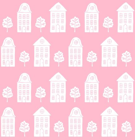 Vector seamless pattern of white hand drawn doodle sketch Scandinavian city house and trees isolated on pink backgroundのイラスト素材