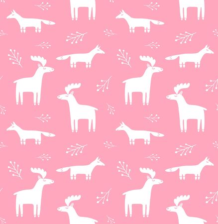 Vector seamless pattern of Scandinavian hand drawn doodle sketch fox and deer animals isolated on pink backgroundのイラスト素材