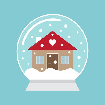 Vector flat cartoon snowball with winter house isolated on blue backgroundのイラスト素材