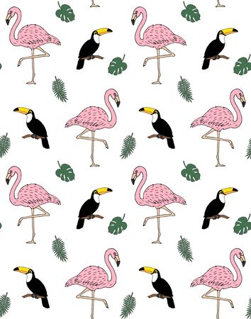 Vector seamless pattern of hand drawn doodle sketch flamingo and toucan isolated on white backgroundのイラスト素材