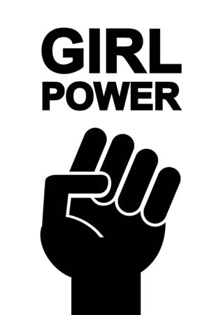 Vector flat black girl power quote with female fist. Feminist slogan illustration isolated on white backgroundのイラスト素材