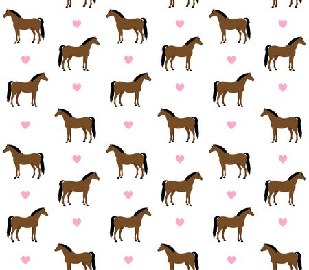 equestrian seamless pattern of flat cartoon bay horse and hearts isolated on white backgroundのイラスト素材