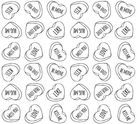 seamless pattern of different black outline hand drawn doodle sketch valentine candy hearts with love text isolated on white backgroundのイラスト素材