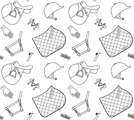 Vector seamless pattern of flat black outline horse riding sport equipment isolated on white backgroundのイラスト素材
