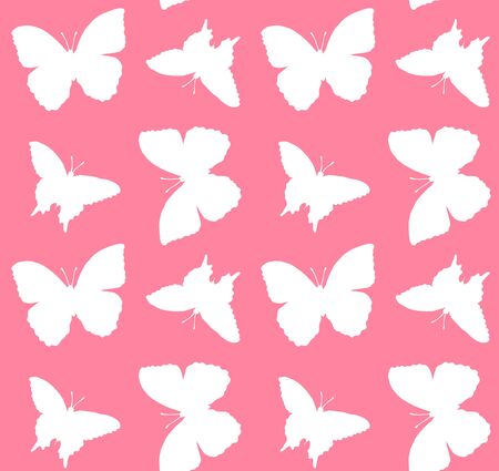 Vector seamless pattern of white butterfly silhouette isolated on pink backgroundのイラスト素材