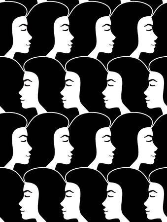 Vector seamless pattern of black outline flat cartoon woman head profileのイラスト素材