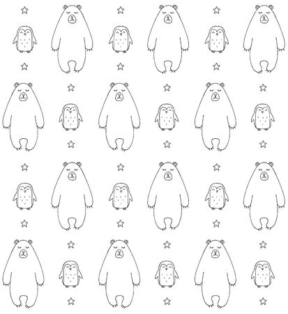 seamless pattern of outline hand drawn doodle sketch white polar bear and penguin isolated on blue backgroundのイラスト素材