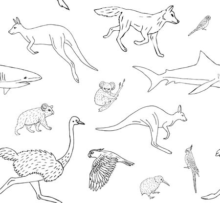 Vector seamless pattern of hand drawn doodle sketch Australian wild animals isolated on white backgroundのイラスト素材