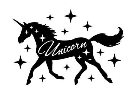 hand drawn lettering in black unicorn silhouette isolated on white backgroundのイラスト素材