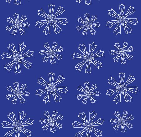 Vector seamless pattern of white hand drawn doodle sketch cornflower isolated on blue backgroundのイラスト素材