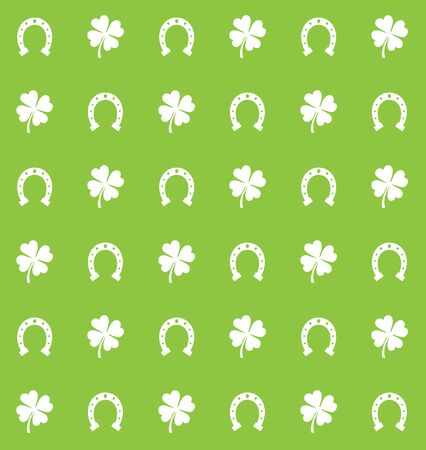Vector seamless pattern of white flat horseshoe and shamrock clover isolated on green backgroundのイラスト素材