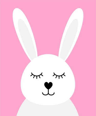 Vector flat cartoon white rabbit face head isolated on pink backgroundのイラスト素材