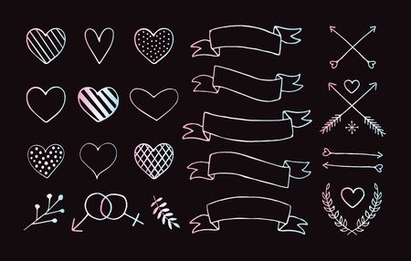 Vector set of holographic hand drawn doodle sketch elements isolated on black background. Bundle of valentines day hearts ribbons and arrows illustrationのイラスト素材