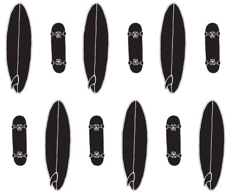 Vector seamless pattern of black hand drawn doodle sketch surf and skate board isolated on white backgroundのイラスト素材