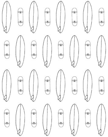 Vector seamless pattern of hand drawn doodle sketch surf and skate board isolated on white backgroundのイラスト素材