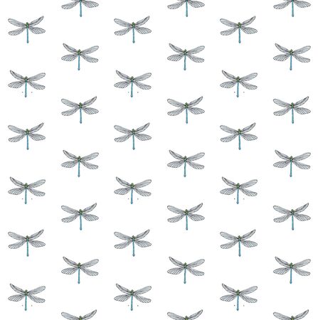 Vector seamless pattern of colored hand drawn doodle sketch dragonfly isolated on white backgroundのイラスト素材