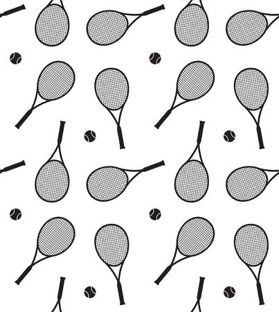 Vector seamless pattern of flat black tennis racket and ball silhouette isolated on white backgroundのイラスト素材