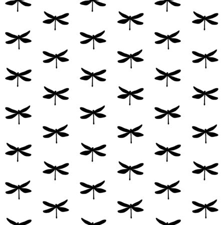 Vector seamless pattern of black sketch dragonfly silhouette isolated on white backgroundのイラスト素材