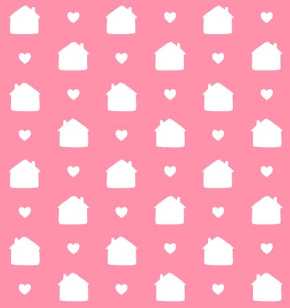 Vector seamless pattern of white hand drawn doodle sketch house silhouette and hearts isolated on pastel pink backgroundのイラスト素材