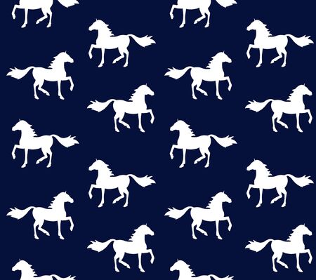 Vector seamless pattern of sketch white horse silhouette isolated on dark blue navy backgroundのイラスト素材