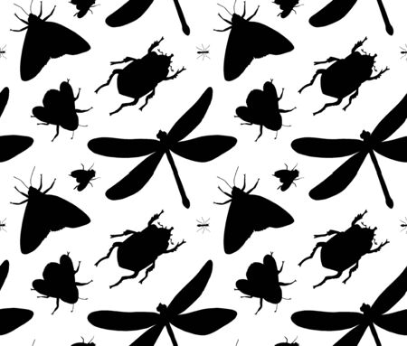 Vector seamless pattern of black sketch insects silhouette isolated on white backgroundのイラスト素材
