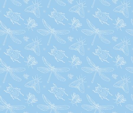 Vector seamless pattern of white hand drawn doodle sketch insects isolated on pastel blue backgroundのイラスト素材
