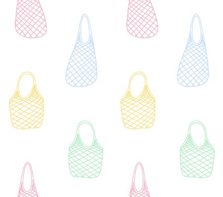 Vector seamless pattern of colored hand drawn doodle sketch Shopping reusable grocery cloth string mesh cotton eco bag isolated on white backgroundのイラスト素材