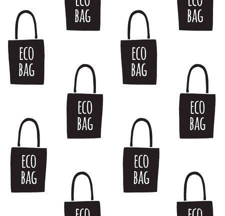 Vector seamless pattern of black hand drawn doodle sketch grocery shopping eco bag isolated on white backgroundのイラスト素材