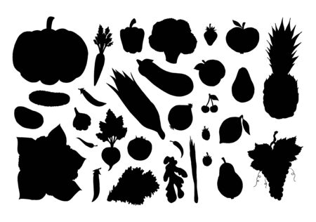 Vector set bundle of black sketch vegetables fruit and berries silhouette isolated on white backgroundのイラスト素材