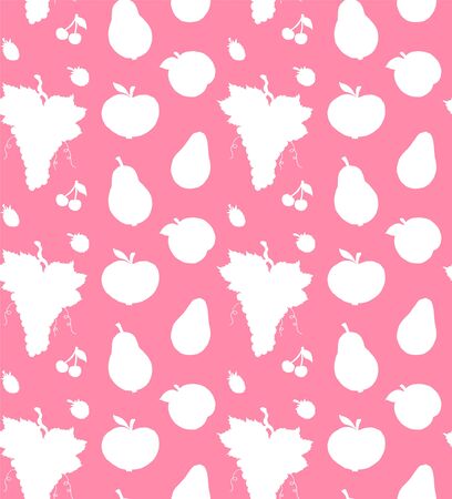 Vector seamless pattern of white sketch fruit and berries silhouette isolated on pink backgroundのイラスト素材