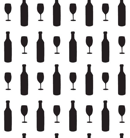 Vector seamless pattern of black sketch wine bottle and glass silhouette isolated on white backgroundのイラスト素材