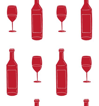 Vector seamless pattern of red hand drawn doodle sketch wine bottle and glass isolated on white backgroundのイラスト素材
