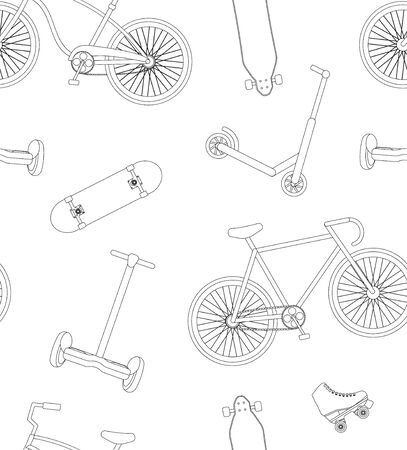 Vector seamless pattern of flat outline bicycle skateboard roller scooter and summer activities sport isolated on white backgroundのイラスト素材