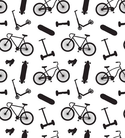 Vector seamless pattern of black bicycle skateboard roller scooter and summer activities sport silhouette isolated on white backgroundのイラスト素材