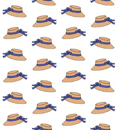 Vector seamless pattern of colored hand drawn doodle female sketch sun beach straw hat isolated on white backgroundのイラスト素材
