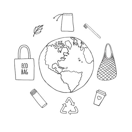 Vector set bundle of black hand drawn doodle sketch eco friendly zero waste accessories things isolated on white backgroundのイラスト素材