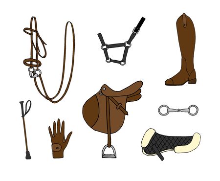 Vector set bundle of hand drawn doodle sketch colored equestrian horse riding equipment isolated on white backgroundのイラスト素材