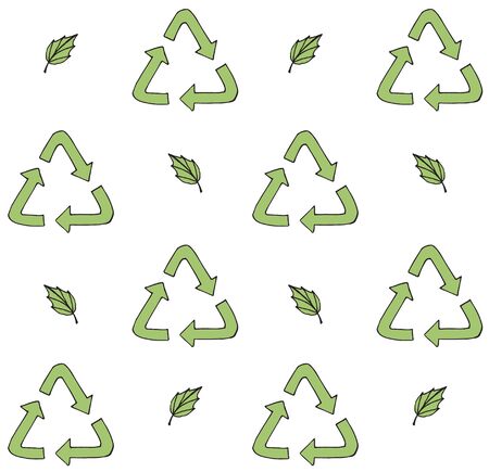 Vector seamless pattern of hand drawn doodle sketch recycle reuse eco green symbol and leaves isolated on white backgroundのイラスト素材