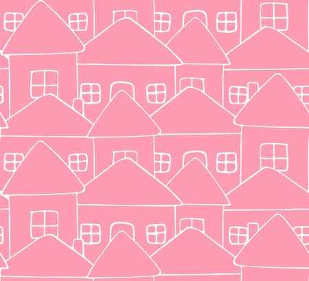 Vector seamless pattern of white hand drawn doodle sketch houses isolated on pink backgroundのイラスト素材