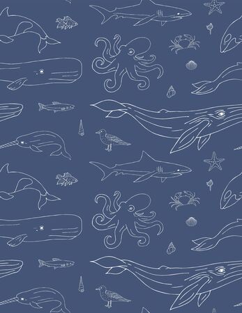 Vector seamless pattern of white hand drawn doodle sketch sea animals and fish isolated on blue backgroundのイラスト素材