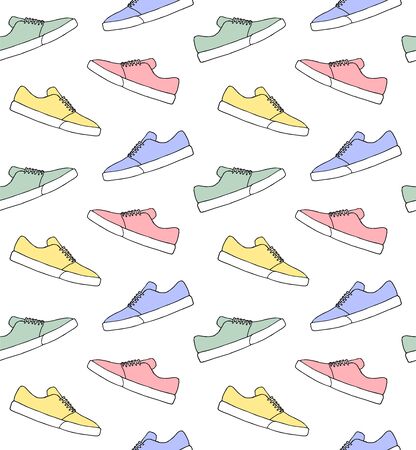 Vector seamless pattern of different color hand drawn doodle sketch skate sneaker shoe isolated on white backgroundのイラスト素材